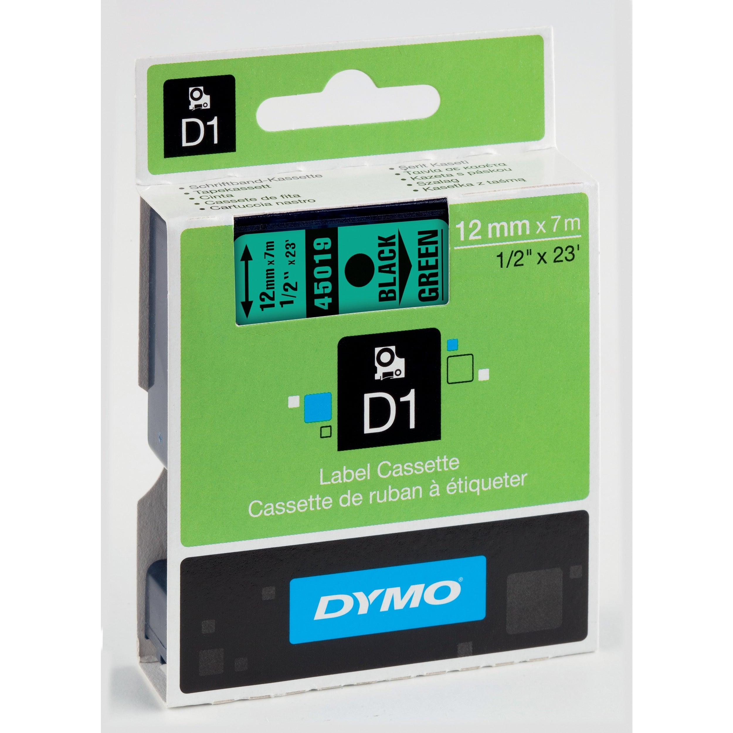 Dymo D1 (12mm) Permanent Plastic Tape (svart á grænt) fyrir Dymo Pocket Label prentara